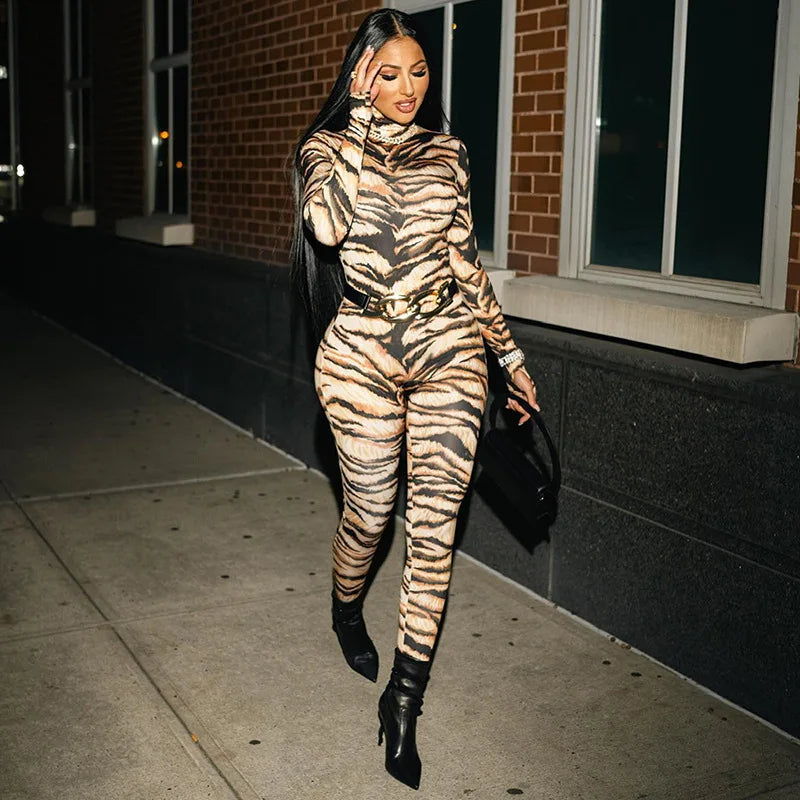 Tiger Print Patchwork Long Sleeve Bodycon Jumpsuit for Women