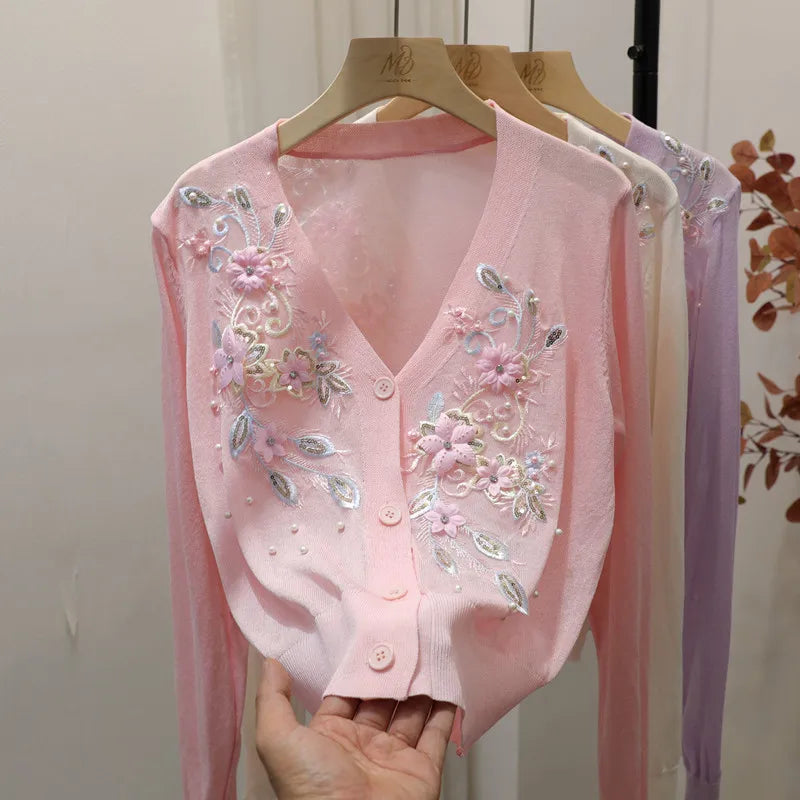 French Exquisite Embroidered Flowers V-neck Short Knitted Top Women Summer Fashion Retro Artistic Thin Sun Protection Cardigan