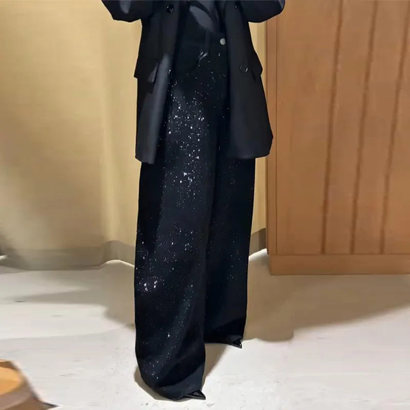 Sequined High Waist Wide Leg Pants with Pockets for Women