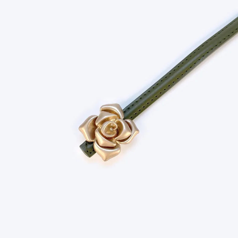 Double Sided Metal Flower Buckle Thin Belt for Women