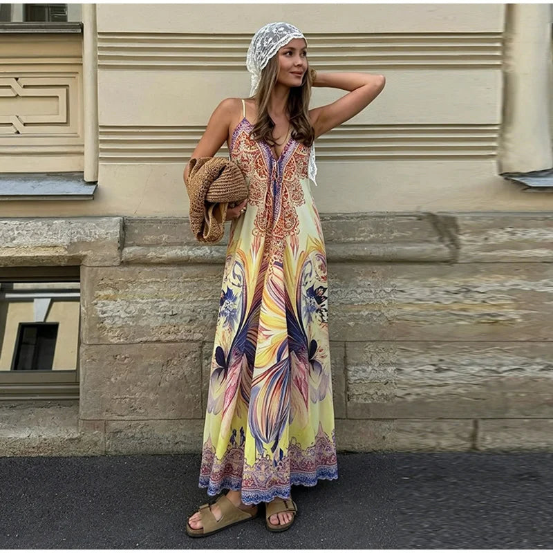 Beach Print Halter Neck Backless Long Dress for Women