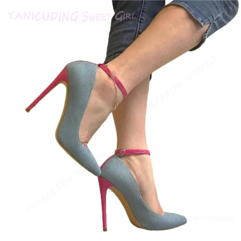 Denim Ankle Buckle Pumps Pointed Toe High Heels For Women