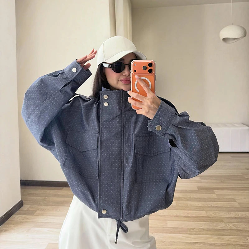 Casual Cropped Jacket With Stand Collar and Drawstring Hem for Women