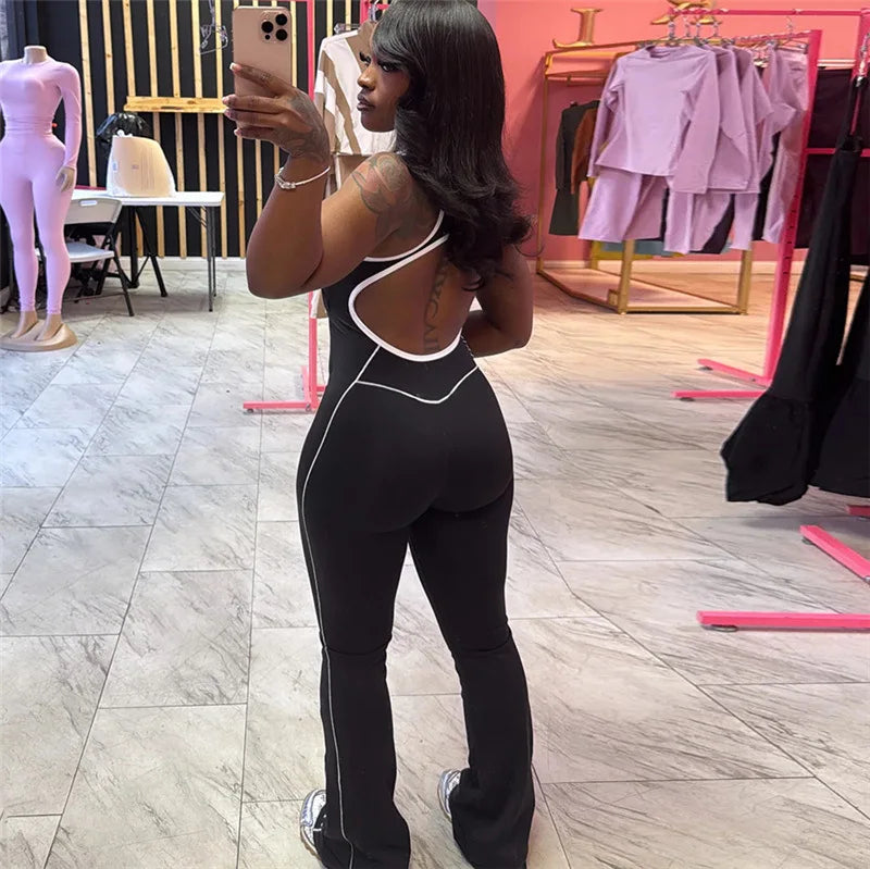 FAGADOER Fashion Striped Patchwork Bodycon Jumpsuits Women Sleeveless Backless Hollow Out Rompers Female Streetwear Overall New