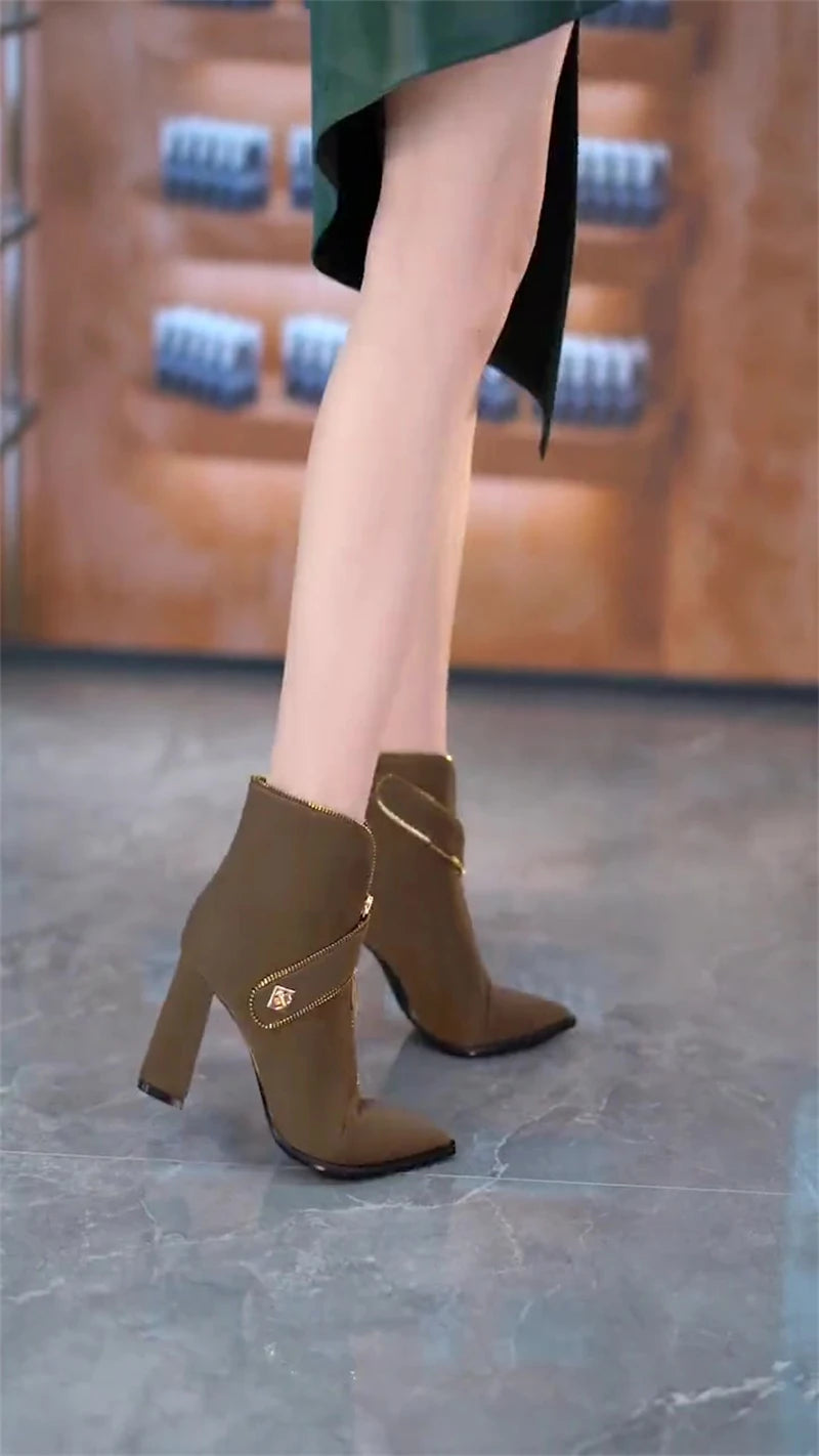 Chunky Heel Pointed Toe Front Zipper Ankle Boots for Women