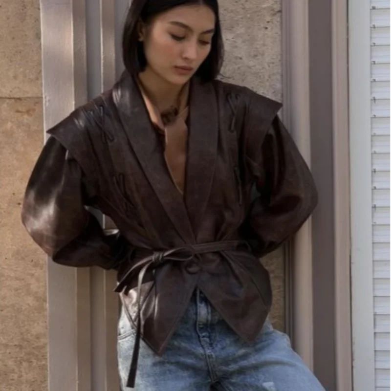 Women Leather Bomber Jackets Coats With Belt Notched Shoulder Pads Motorcycle Street Chic Short Outwear Fashion Solid Lace Up
