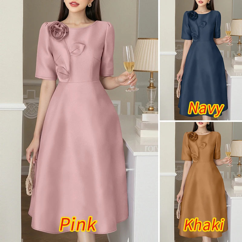 Satin Floral Applique Midi Dress