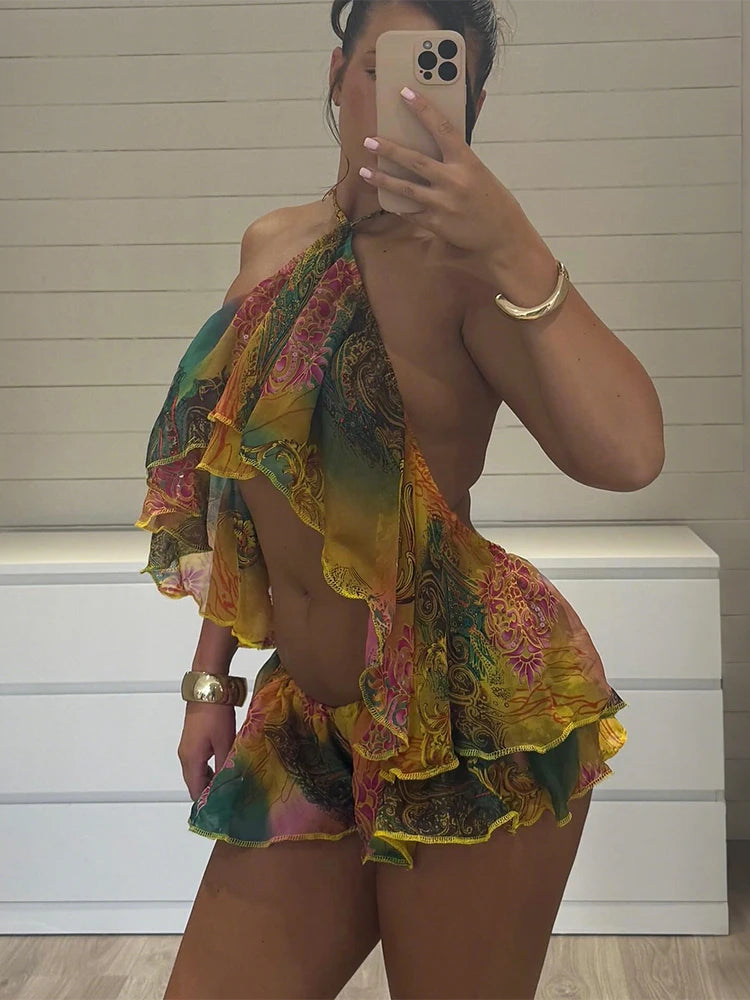 Colorful Print Halter Backless Two Piece Set for Women