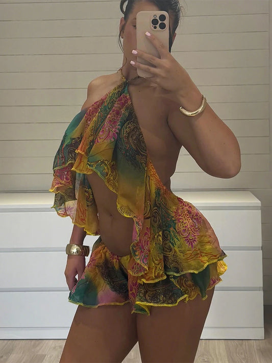 Colorful Patchwork Print Halter Set