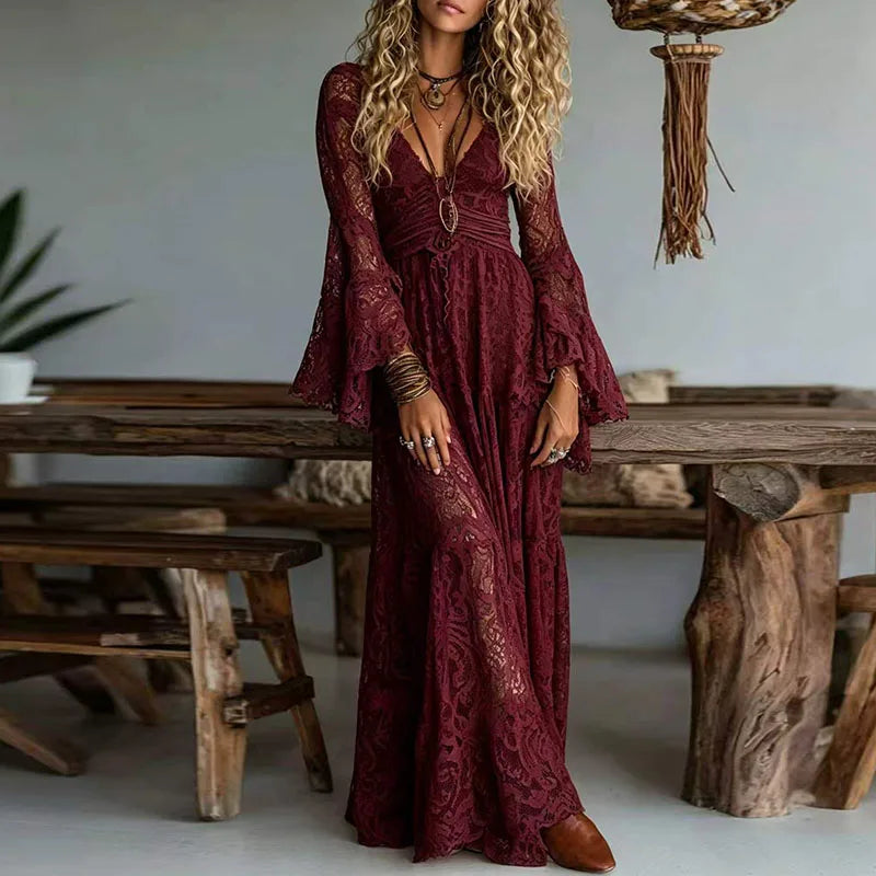 Elegant Deep V Neck Lace Embroidered Maxi Dress for Women