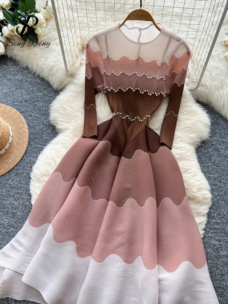 Wave Print Long Sleeve Ankle Length Evening Dress for Women