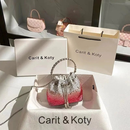 Crystal Shiny Diamonds Bucket Bag Fashion Women Handbag Metal Ring Handle Evening Bag Wedding Party Clutch Purse Crossbody Bag