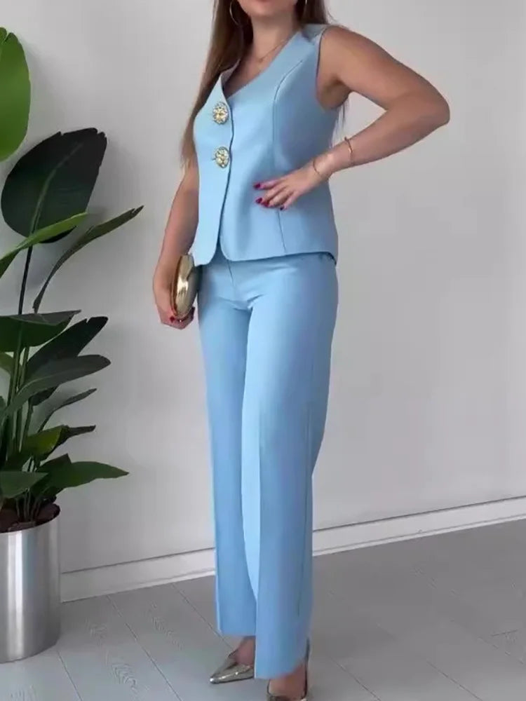 Women Summer Cardigan Top Chic Outfit, Solid Patchwork Wide Leg Pants Matching Sets, Sleeveless V Neck Ladies Suits Streetwear