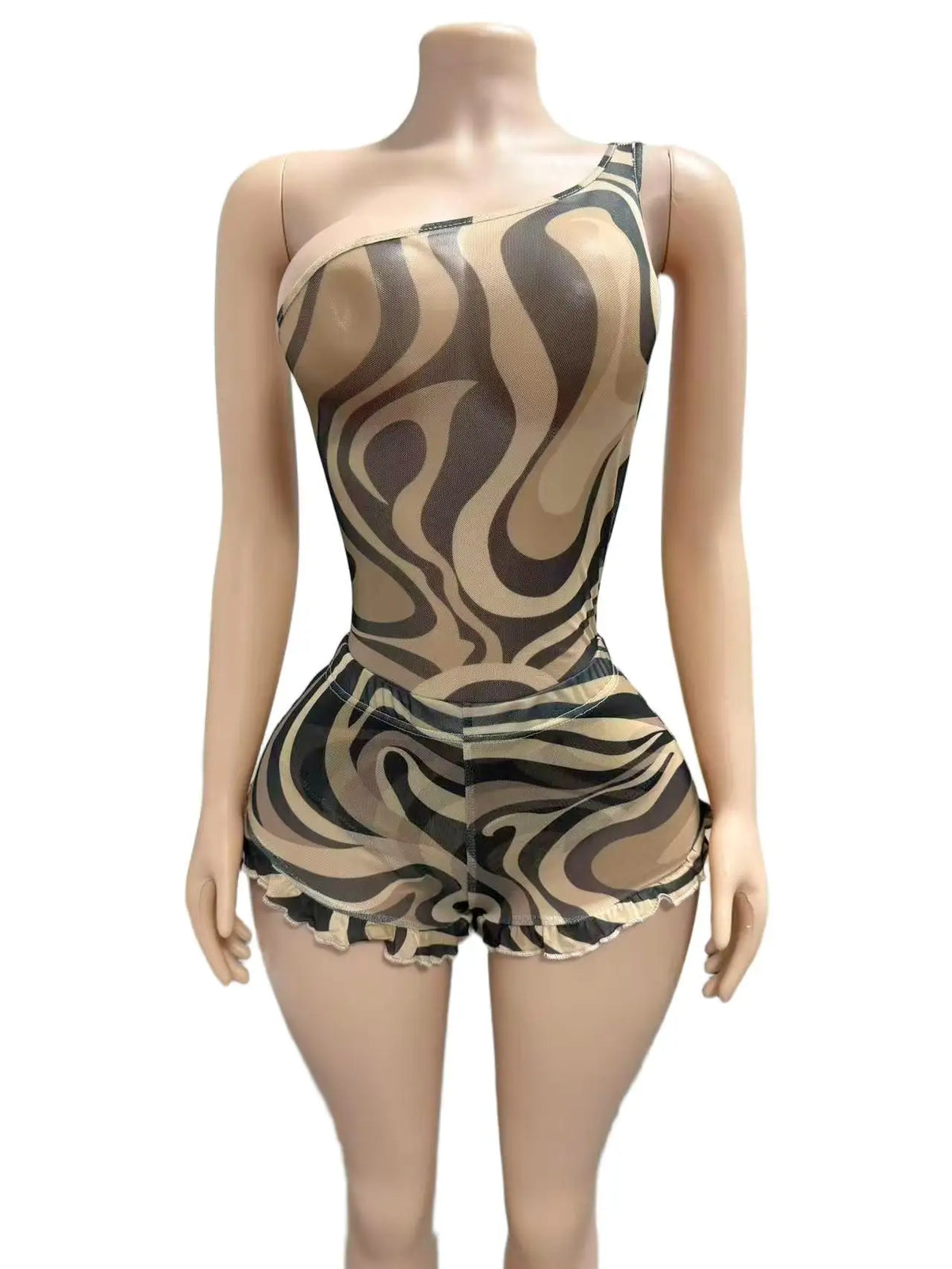 Zebra Print Mesh Two Piece Party Outfit Set for Women