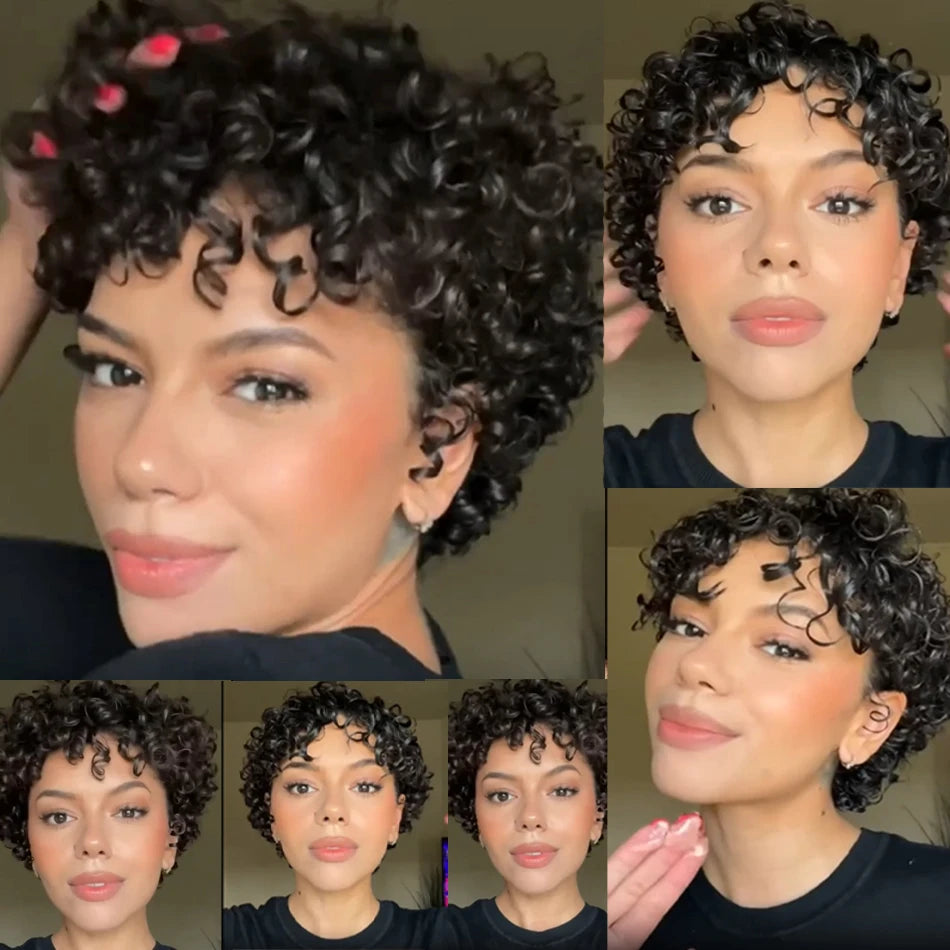 Black Kinky Curly Pixie Remy Human Hair Wig for Women