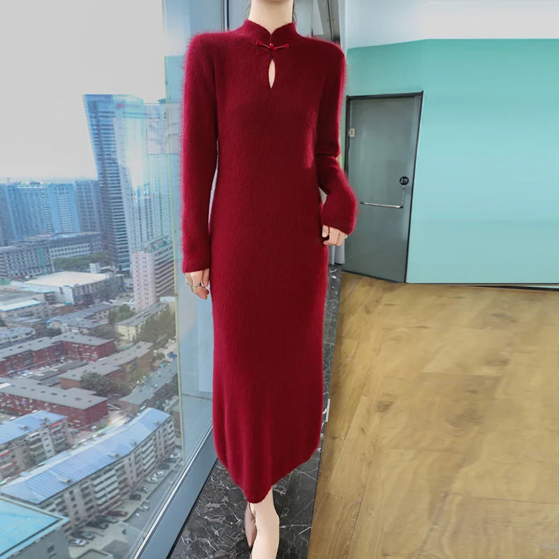 Cashmere Knit Dress with Stand Up Collar and Buckle for Women