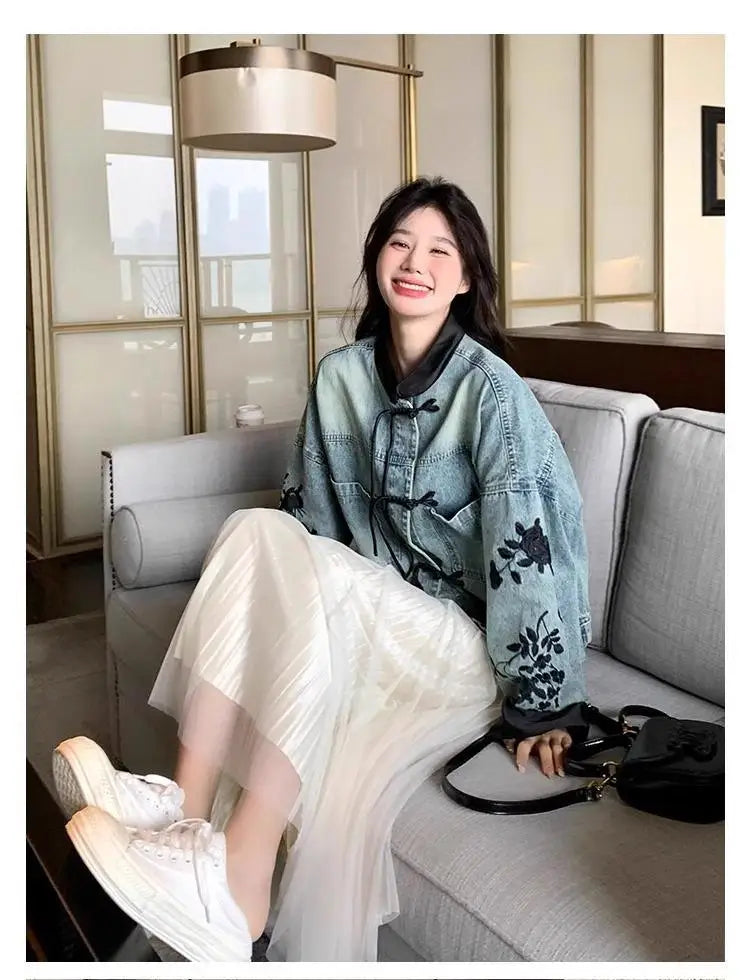 Plus Size Embroidered Denim Jacket
