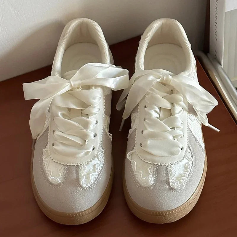 Cream French Lace Satin Ribbon Vintage Sneakers For Women