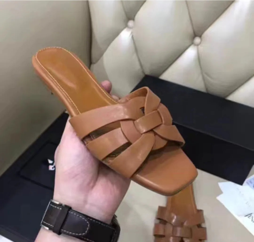 Knitted Square Heel Sandals With Slip On Soft Eva Insole Comfortable For Women