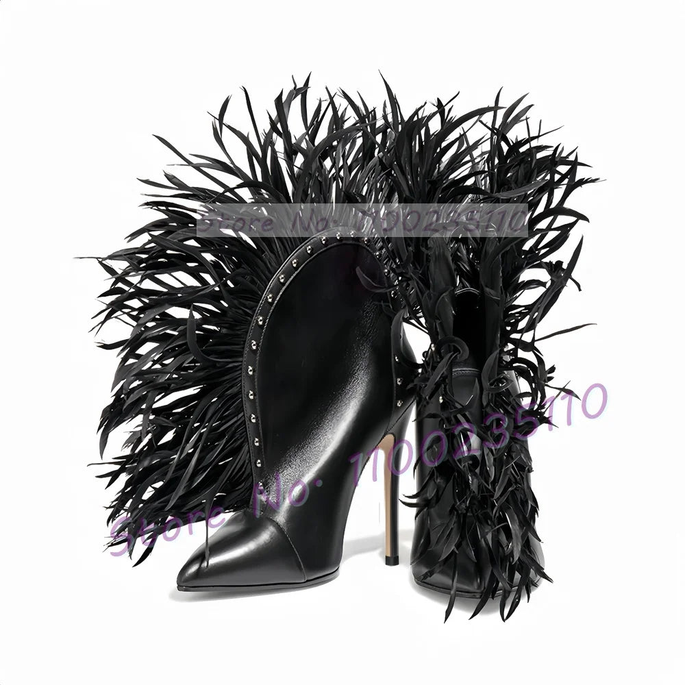 Feather Trimmed Leather Pointy Toe Ankle Boots For Women