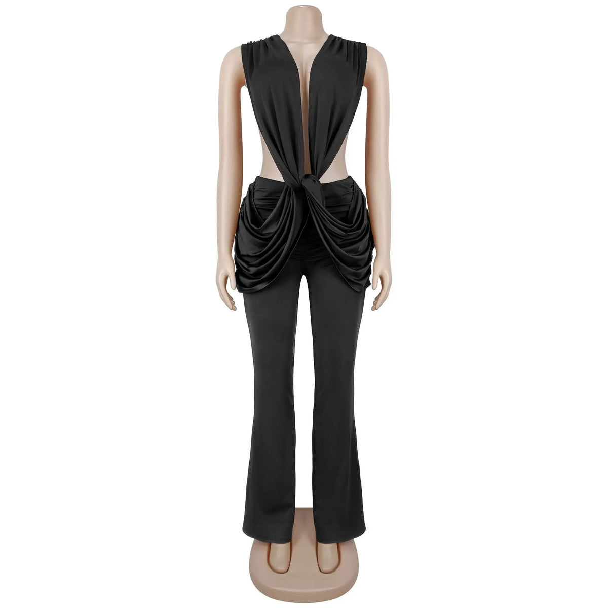 Halter Deep V Neck Ruched Flare Jumpsuit for Women