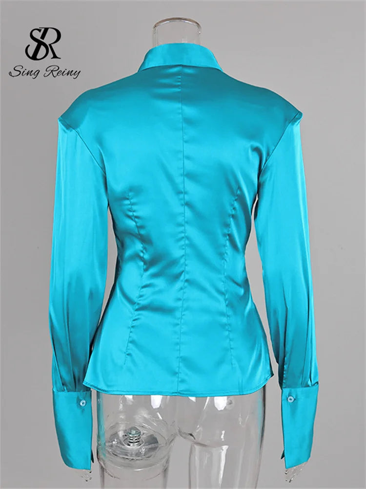 Slim Fit Satin Long Sleeve Button-Up Blouse for Women