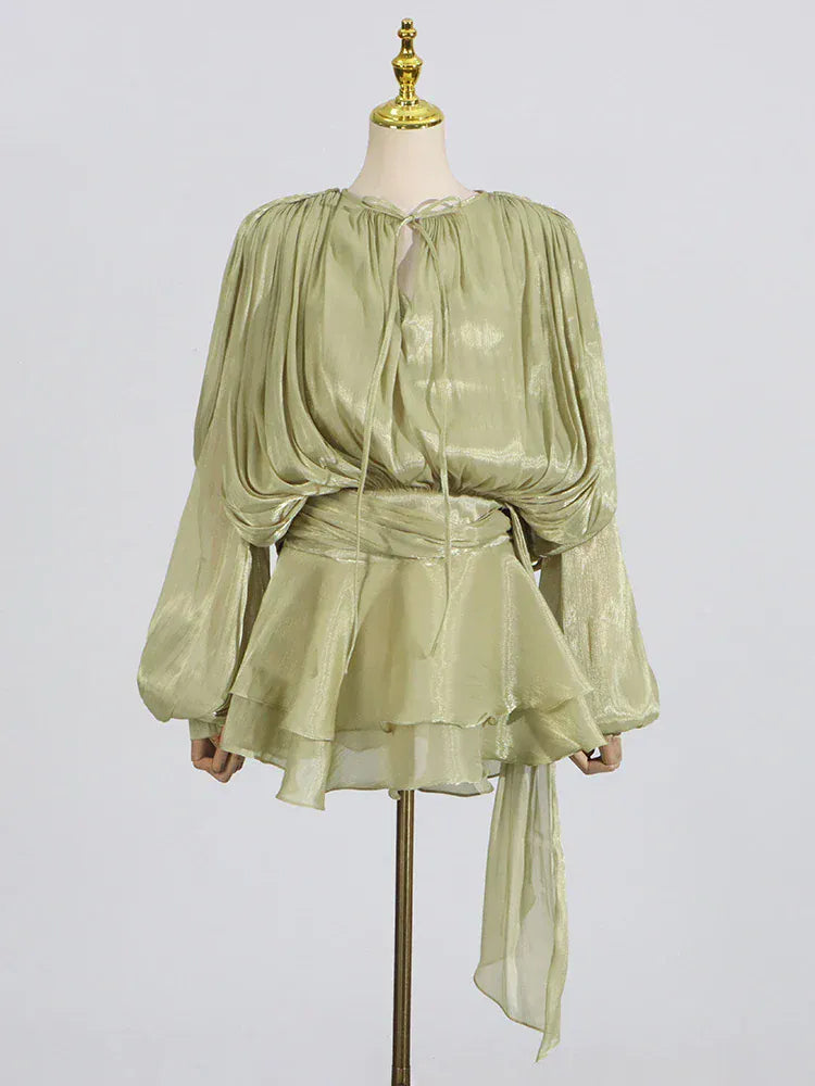 TWOTWINSTYLE Loose Solid Dresses For Women Round Neck Lantern Sleeve High Waist Spliced Fold Mini Chic Dress Female Fashion 2025