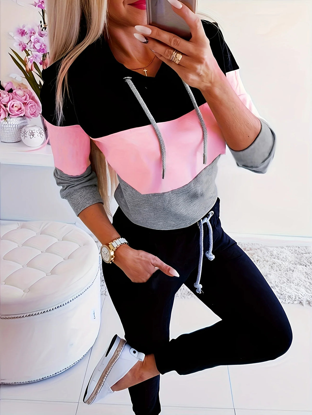 Trendy Color Block Long Sleeve Loose Fit Top for Women