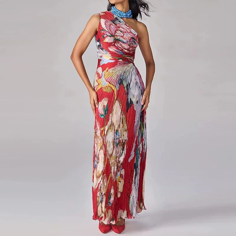 Printed Slanted Shoulder Sleeveless Maxi Dress for Women