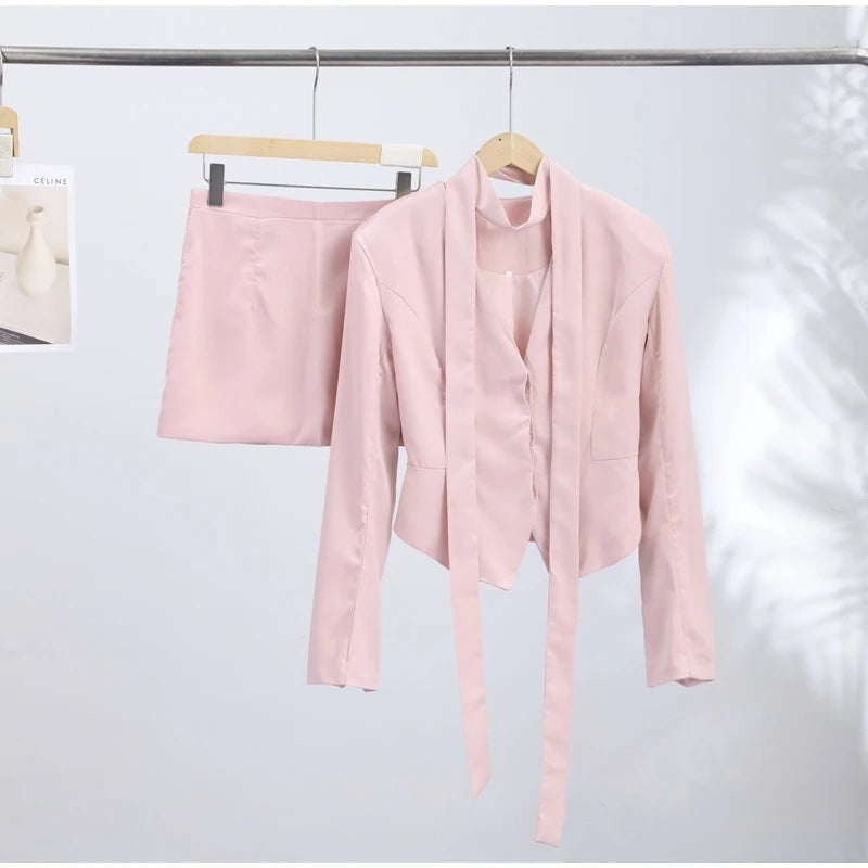 Turn-Down Collar Tailored Blazer Skirt Set for Women