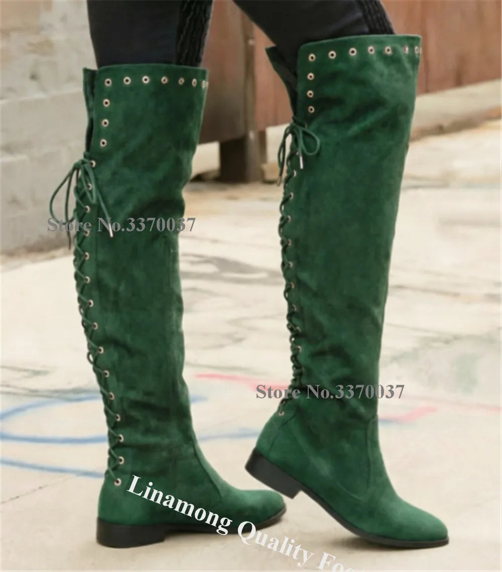 Suede Round Toe Lace-Up Knee-High Flat Boots for Women