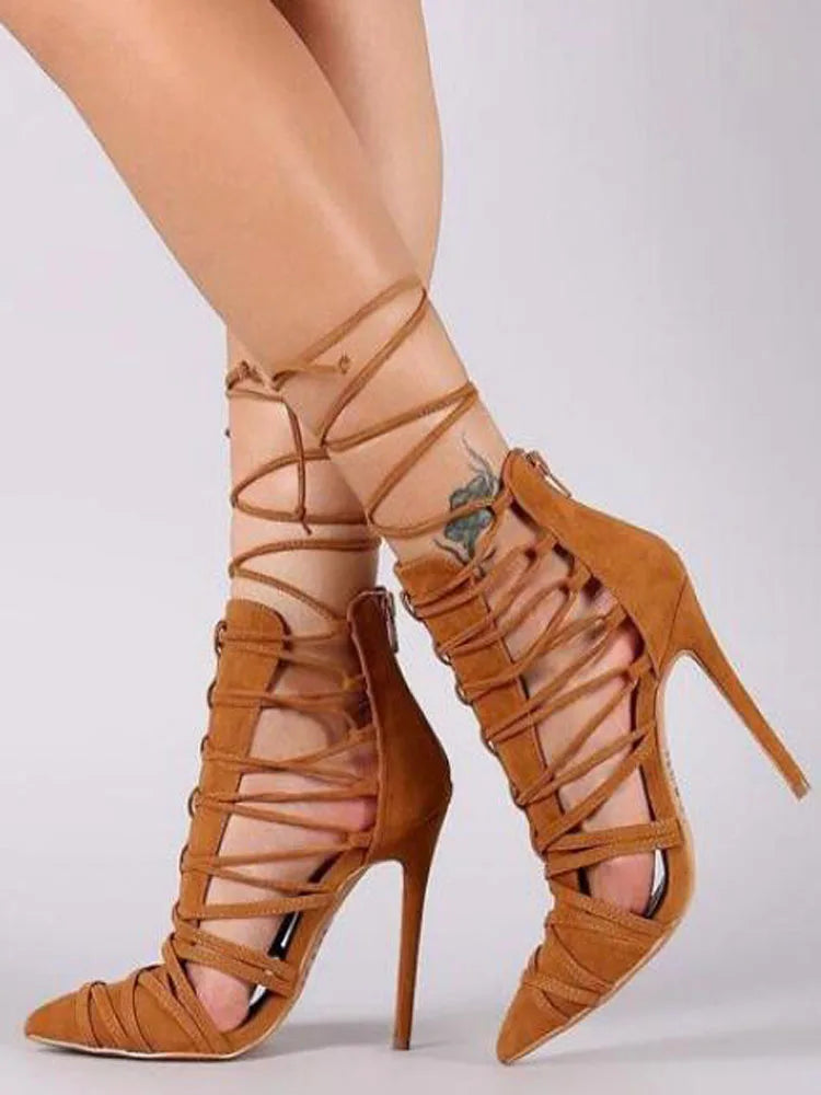Brown Black Suede Cross Tied Pointed Toe Lace Up Ankle Boots for Women