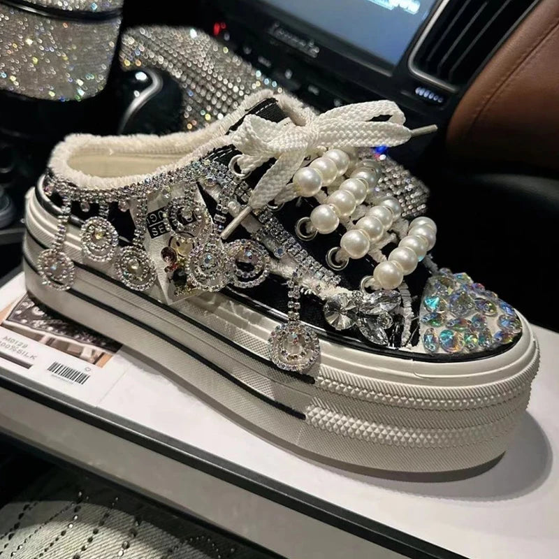 Shiny Sequined Pearl Stud Canvas Slippers for Women