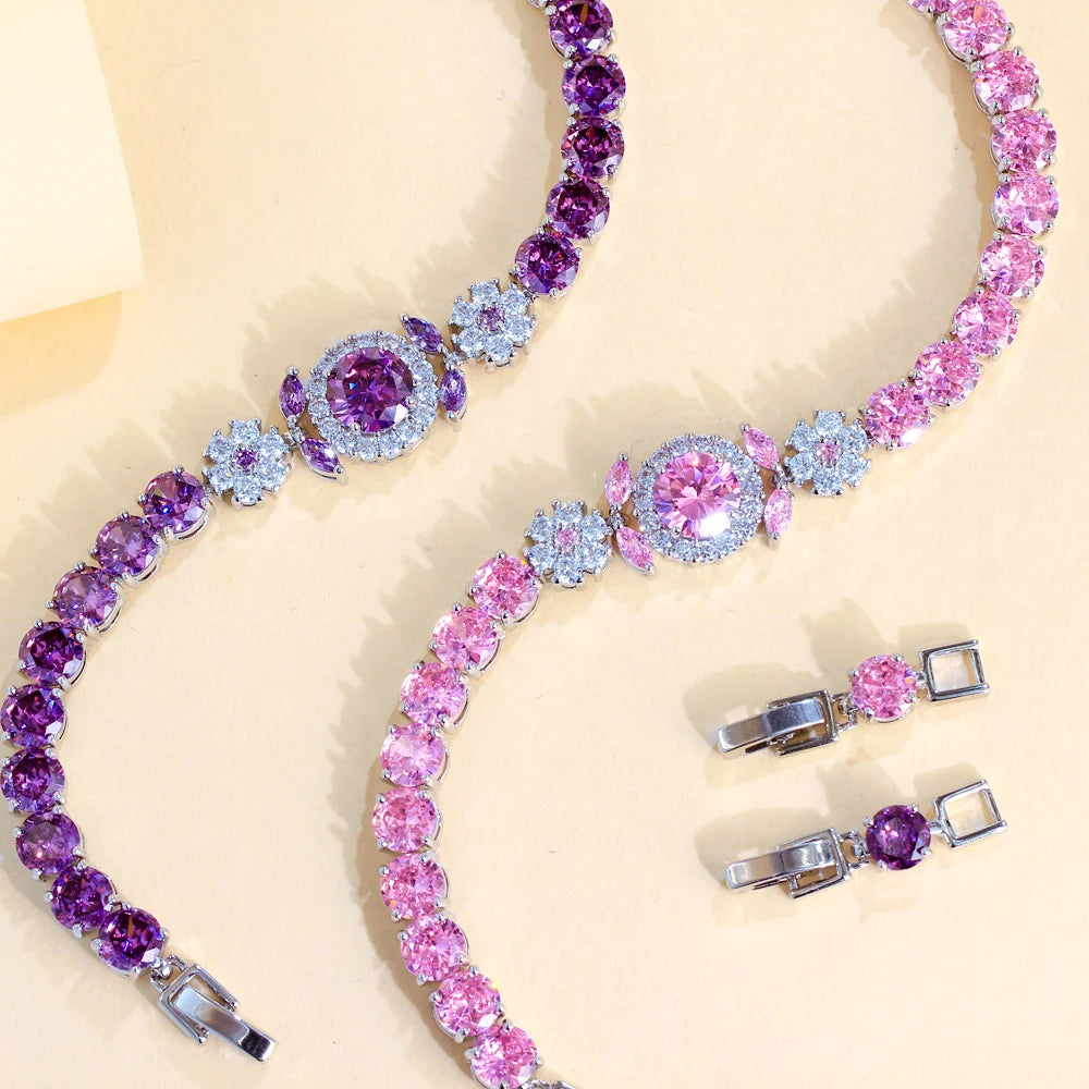 Pink Purple Flower Tennis Bracelet