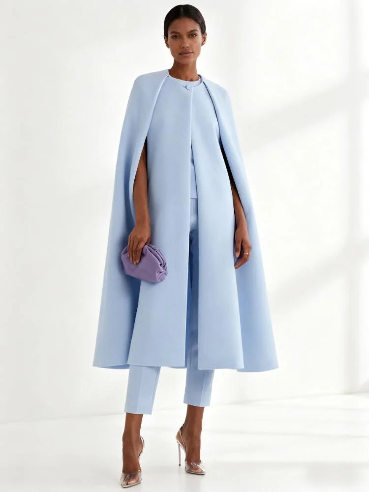 Elegant Solid Color Cape Coat High Waist Pants Two Piece Set For Women