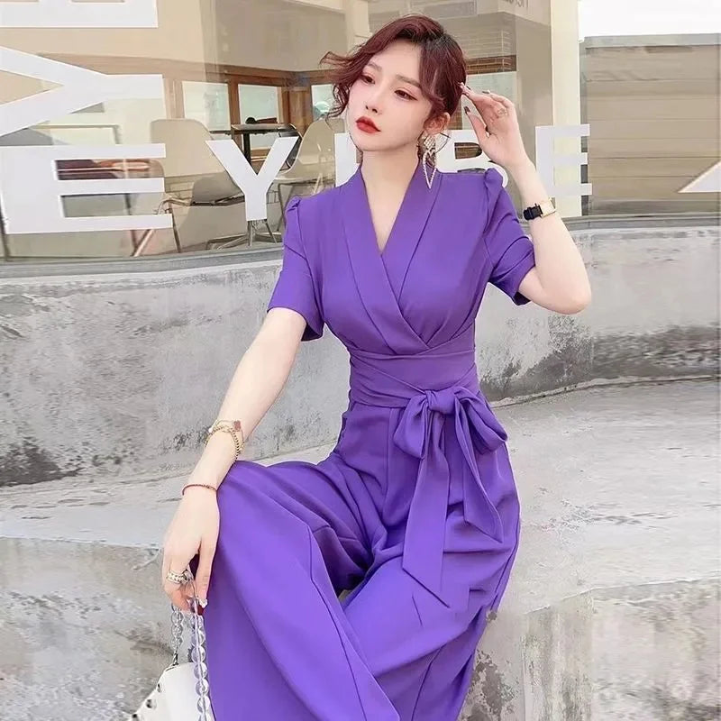 Jumpsuits Summer New High end Jumpsuit Women's Elegant Solid Color High Waist Slim Lace up Wide Leg Dropping Bodysuit Women Sets