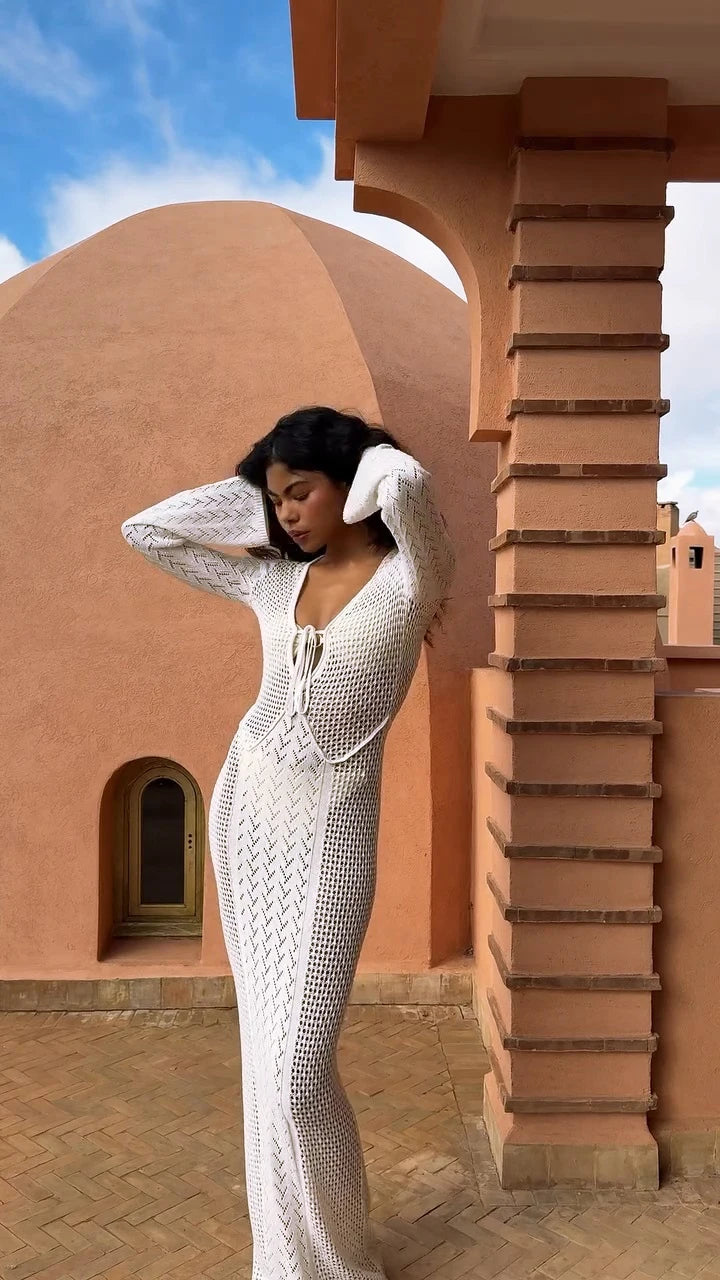 Women Sexy White Knit Swimsuit Cover Up Deep V-neck Tie Hollow Out Long Sleeve Beach Maxi Dress 2025 Summer Holiday Outfit K186