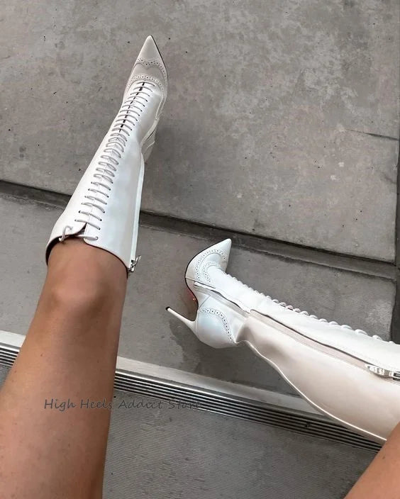 Pointed Toe Patent Leather Lace Up Knee High Boots for Women
