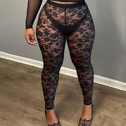 FAGADOER Sexy Mesh Leggings Pants Women Black See Through Hollow Out Skinny Lace Pants Female Party Club Streetwear 2025 New