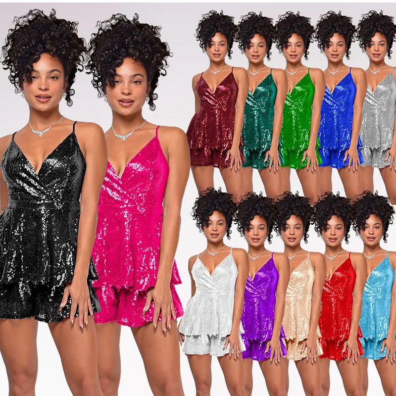Glitter Sequin Spaghetti Strap Deep V Ruffle Romper for Women