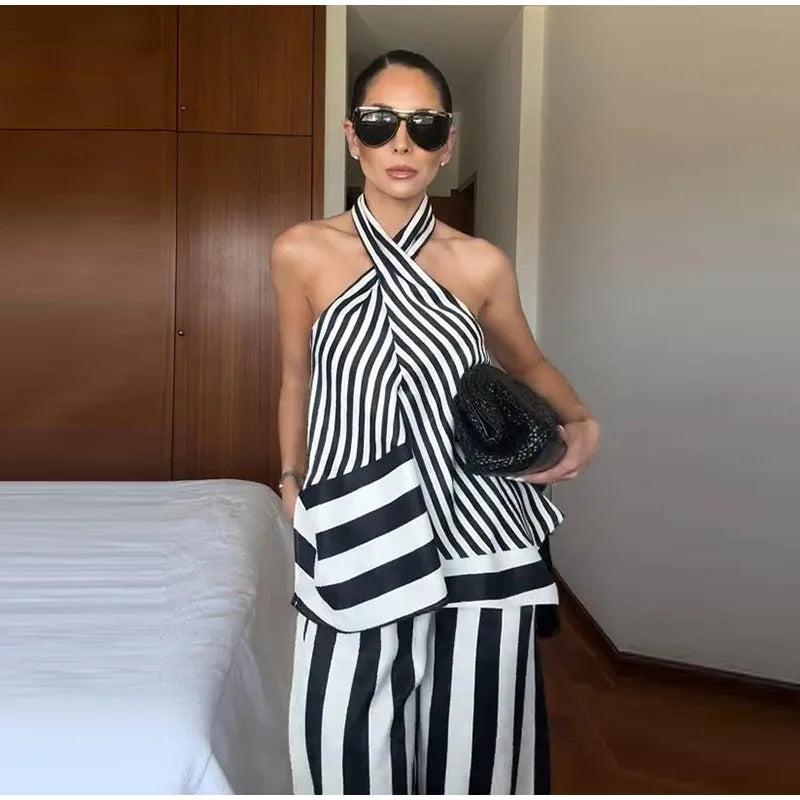 Striped Criss Cross Halter Two Piece Wide Leg Pants Set For Women