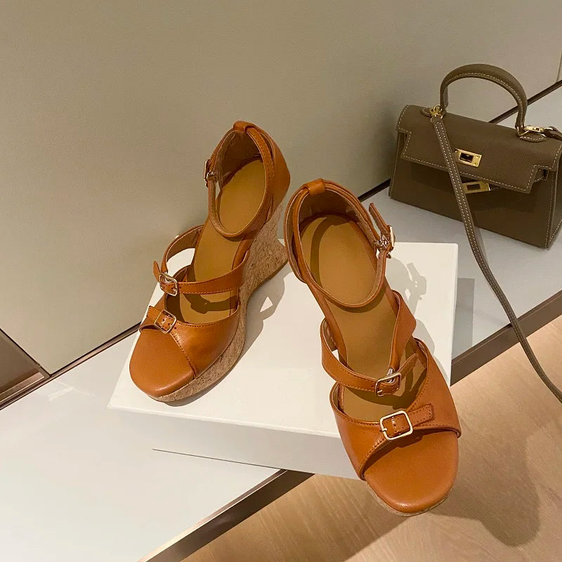Elegant Apricot Buckle Platform Thick Heel Wedge Sandals for Women