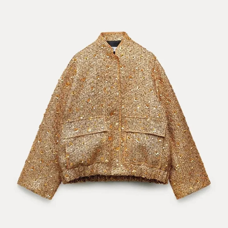 Suninheart Women's Sequined Bomber Jacket Fall O Neck Long Sleeve Pocket Stretch Hem Sequins Jacket Coat Female Chic Outerwear
