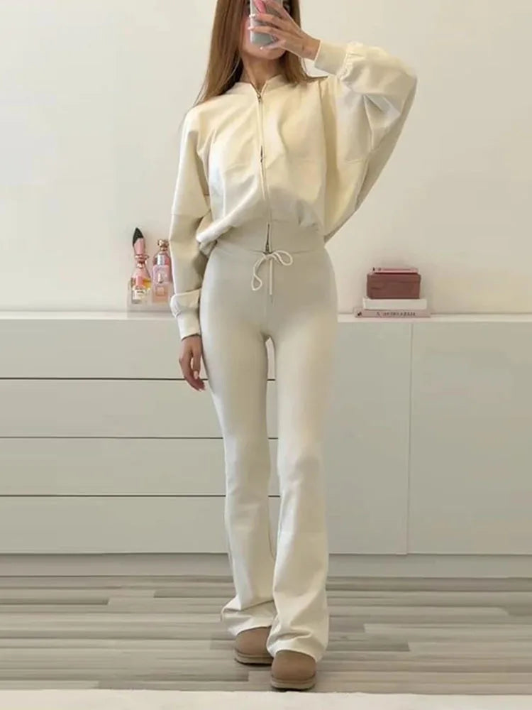Solid Color Pilot Jacket and Lace-Up Flared Pants Two-Piece Set for Women