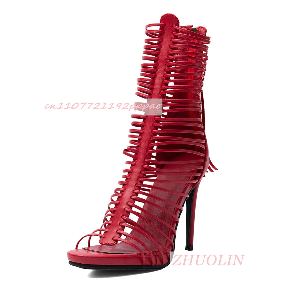 Red Fringe Gladiator Knee High Sandals Open Toe Platform for Women