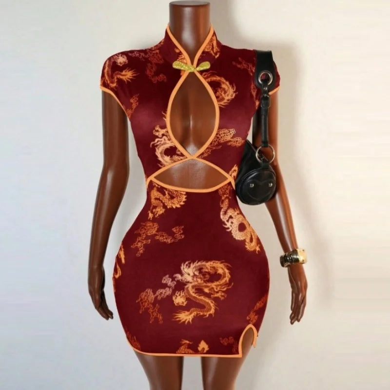 Cheongsam Style Dragon Print Cutout Dress for Women