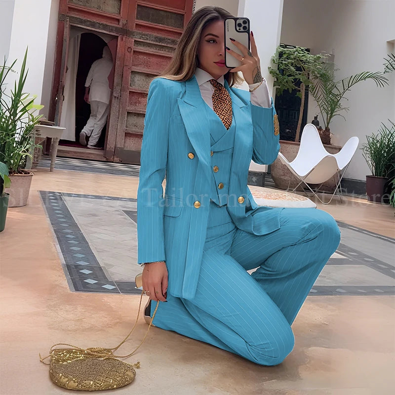 Slim Fit Double Breasted Green Striped Suit Set For Women