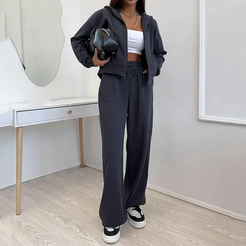 KUCLUT Fashion Sports Suit Long Sleeve Zipper Cardigan Hooded Sweatshirt Drawstring Elastic Trousers Two-piece Set Female 1A717