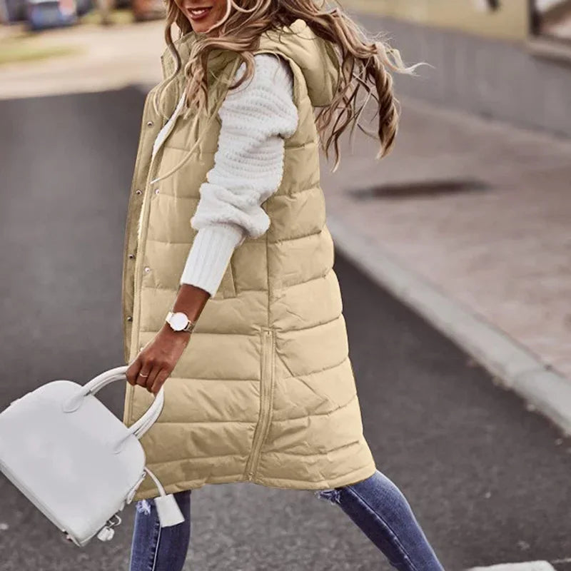 Warm Hooded Longline Sleeveless Vest Coat for Women