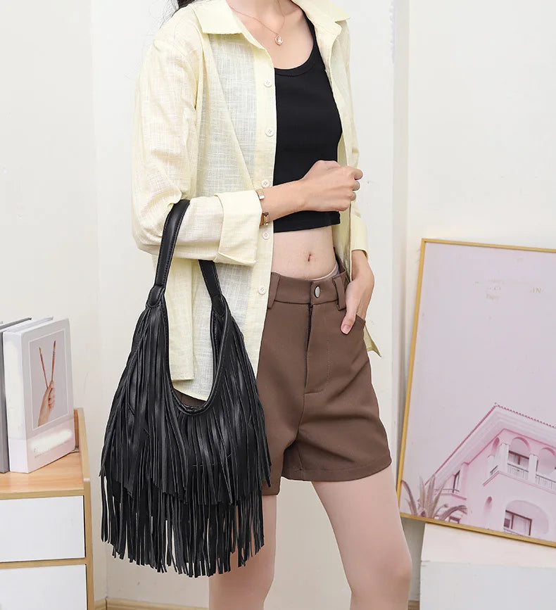 Long Tassel Lux PU Soft Leather Shoulder Bag for Women